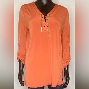 Michael Kors Orange Long Sleeve Top With Gold Chain Tassels